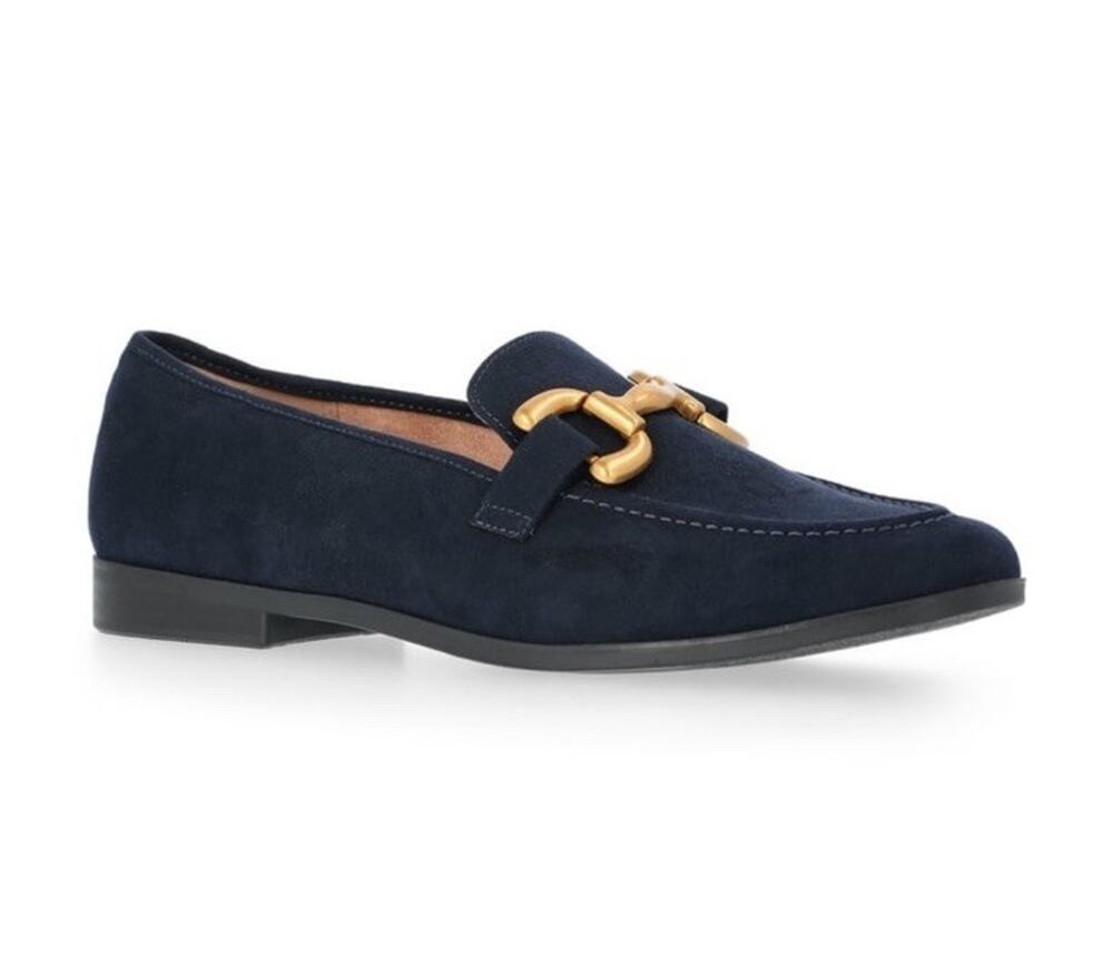 Womens 9.5 Navy Blue Faux Suede Loafers Gold Buckle Slip On Shoes Designer Flats
